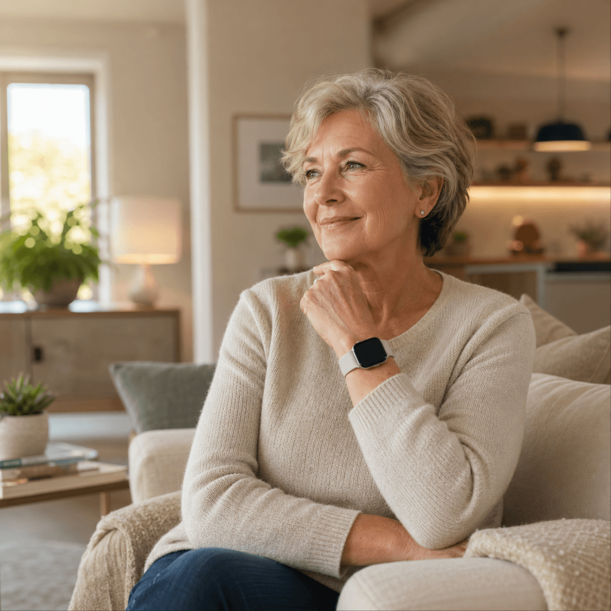 Older adult at home with a subtle wearable safety watch and caregiver support